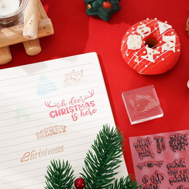 Whaline 4 Sheet Christmas Words Clear Stamps Greeting Words Santa Xmas Tree Pattern Silicone Transparent Stamps Border Stamp Cards for DIY Craft Card Making Scrapbooking Embossing Album Decor - Image 5